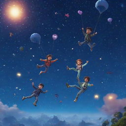 A playful scene featuring digital avatar gamers parachuting from the star-studded night sky, with controllers in hand. Emit a magical and adventurous atmosphere.