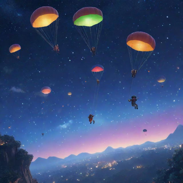 A playful scene featuring digital avatar gamers parachuting from the star-studded night sky, with controllers in hand. Emit a magical and adventurous atmosphere.