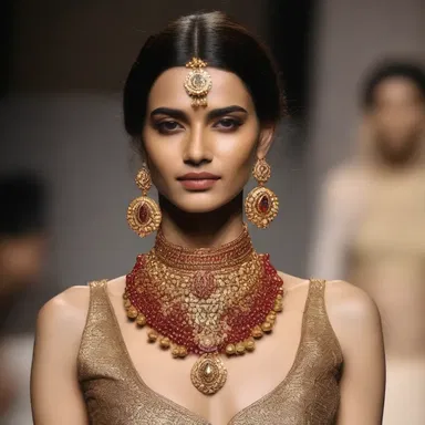 The designer showcased a unique jewelry piece inspired by jaggery, with brown and gold hues.