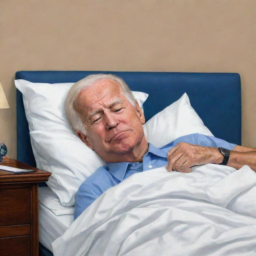 A humorous caricature of Joe Biden peacefully sleeping with typical presidential attributes exaggerated for comedic effect.