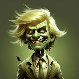 A whimsical illustration of Donald Trump portrayed as a friendly, cartoon-style zombie, complete with pale green skin, slightly disheveled hair, and a playful smile.