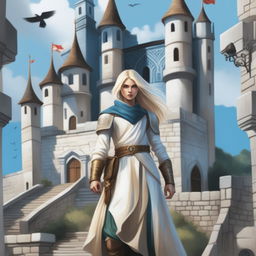 A digital art young adult fantasy book cover featuring a white stone town on a hill with a fortress on top