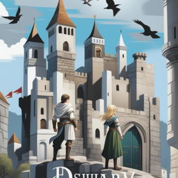 A digital art young adult fantasy book cover featuring a white stone town on a hill with a fortress on top