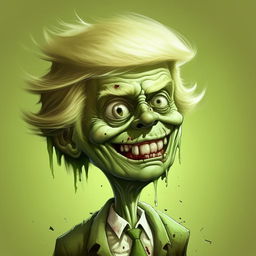 A whimsical illustration of Donald Trump portrayed as a friendly, cartoon-style zombie, complete with pale green skin, slightly disheveled hair, and a playful smile.