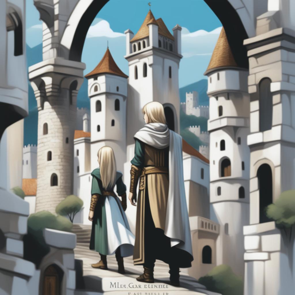 A text-free digital art young adult fantasy book cover featuring a white stone town on a hill with a distant fortress on top