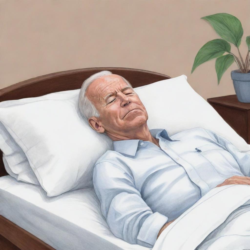 An animated, hand-drawn style caricature of Joe Biden sleeping peacefully in a tranquil setting