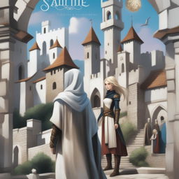 A text-free digital art young adult fantasy book cover featuring a white stone town on a hill with a distant fortress on top