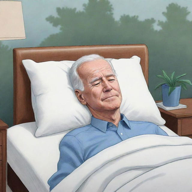 An animated, hand-drawn style caricature of Joe Biden sleeping peacefully in a tranquil setting