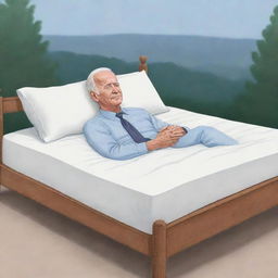 An animated, hand-drawn style caricature of Joe Biden sleeping peacefully in a tranquil setting