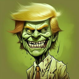 A whimsical illustration of Donald Trump portrayed as a friendly, cartoon-style zombie, complete with pale green skin, slightly disheveled hair, and a playful smile.