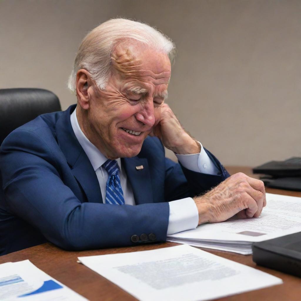 An animation-style caricature of Joe Biden humorously depicted as snoozing whilst at his desk, giving an impression of sleeping on the job.