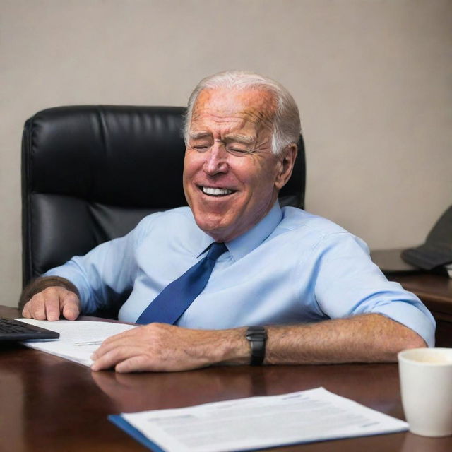 An animation-style caricature of Joe Biden humorously depicted as snoozing whilst at his desk, giving an impression of sleeping on the job.