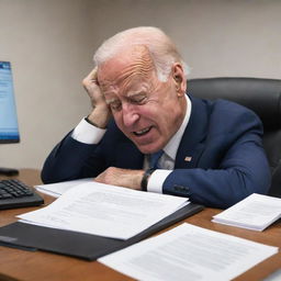 An animation-style caricature of Joe Biden humorously depicted as snoozing whilst at his desk, giving an impression of sleeping on the job.