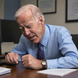 An animation-style caricature of Joe Biden humorously depicted as snoozing whilst at his desk, giving an impression of sleeping on the job.