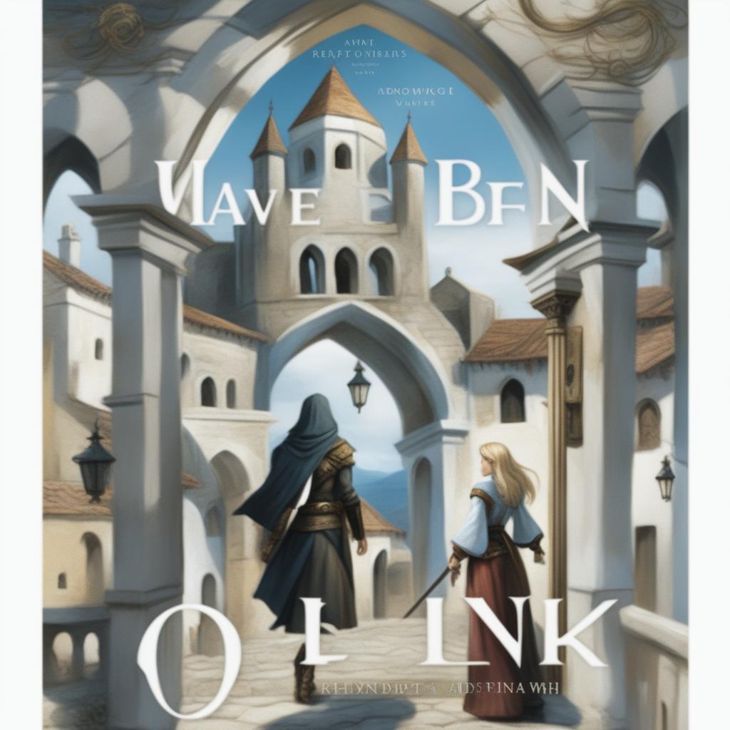 A title-less digital art young adult fantasy book cover featuring a white stone town on a hill with shadowy arches