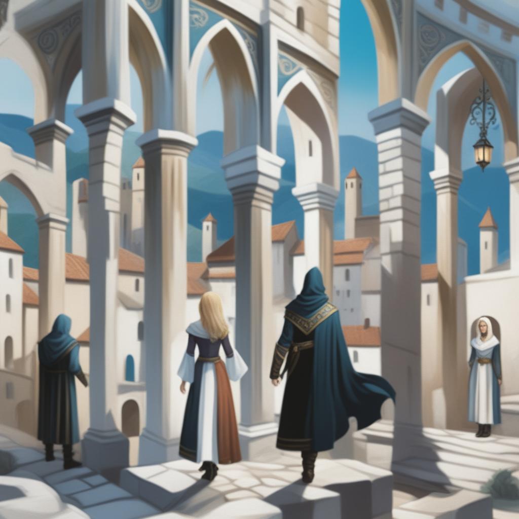 A title-less digital art young adult fantasy book cover featuring a white stone town on a hill with shadowy arches