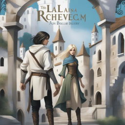 A title-less digital art young adult fantasy book cover featuring a white stone town on a hill with shadowy arches