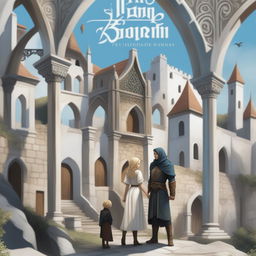 A title-less digital art young adult fantasy book cover featuring a white stone town on a hill with shadowy arches