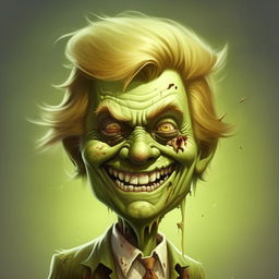 A whimsical illustration of Donald Trump portrayed as a friendly, cartoon-style zombie, complete with pale green skin, slightly disheveled hair, and a playful smile.