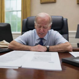 Drawn animation style caricature of Joe Biden humorously sleeping at his desk in the White House office.