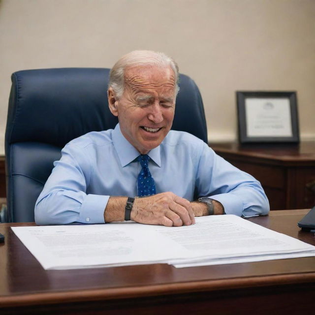 Drawn animation style caricature of Joe Biden humorously sleeping at his desk in the White House office.