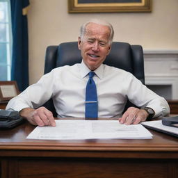 Drawn animation style caricature of Joe Biden humorously sleeping at his desk in the White House office.