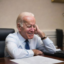 Drawn animation style caricature of Joe Biden humorously sleeping at his desk in the White House office.