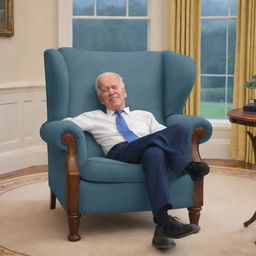 Drawn animation style caricature of an elderly Joe Biden humorously sleeping in a comfortable armchair in the White House, representing a lighthearted political satire.