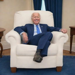 Drawn animation style caricature of an elderly Joe Biden humorously sleeping in a comfortable armchair in the White House, representing a lighthearted political satire.