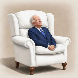 Drawn animation style caricature of an elderly Joe Biden humorously sleeping in a comfortable armchair in the White House, representing a lighthearted political satire.