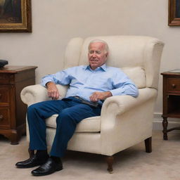 Drawn animation style caricature of an elderly Joe Biden humorously sleeping in a comfortable armchair in the White House, representing a lighthearted political satire.