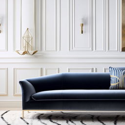 Visualize a room with crisp white walls, adorned with a navy blue velvet sofa, complemented by accents in shades of gold and brass. The room suggests a sense of luxurious minimalism.