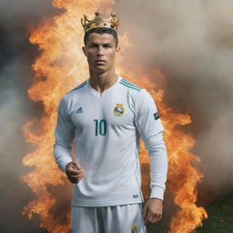 Ronaldo, the legendary figure, standing tall in an ethereal, mythical landscape. His football prowess represented through symbolic elements such as a flaming football and a crown of laurels, subtly emphasizing his superiority over invisible rivals.