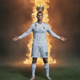 Ronaldo, the legendary figure, standing tall in an ethereal, mythical landscape. His football prowess represented through symbolic elements such as a flaming football and a crown of laurels, subtly emphasizing his superiority over invisible rivals.