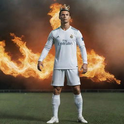 Ronaldo, the legendary figure, standing tall in an ethereal, mythical landscape. His football prowess represented through symbolic elements such as a flaming football and a crown of laurels, subtly emphasizing his superiority over invisible rivals.