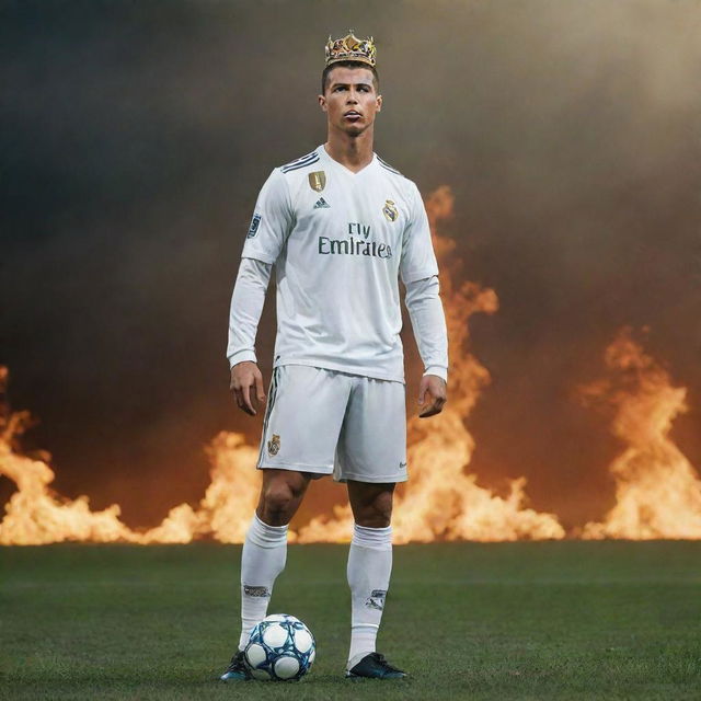 Ronaldo, the legendary figure, standing tall in an ethereal, mythical landscape. His football prowess represented through symbolic elements such as a flaming football and a crown of laurels, subtly emphasizing his superiority over invisible rivals.