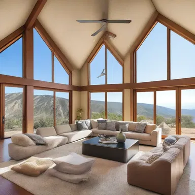 The spacious living room was designed with large windows to capture breathtaking views of hang gliders soaring through the sky.