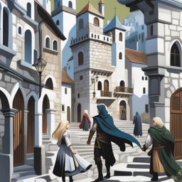 A high-quality digital art image of a young adult fantasy book cover featuring an old town on a hill with white stone buildings, narrow streets, climbing stairs, and shadowy arches