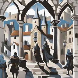 A high-quality digital art image of a young adult fantasy book cover featuring an old town on a hill with white stone buildings, narrow streets, climbing stairs, and shadowy arches