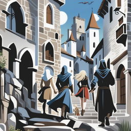 A high-quality digital art image of a young adult fantasy book cover featuring an old town on a hill with white stone buildings, narrow streets, climbing stairs, and shadowy arches