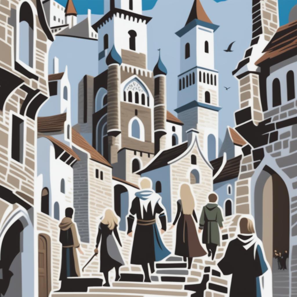 A high-quality digital art image of a young adult fantasy book cover featuring an old town on a hill with white stone buildings, narrow streets, climbing stairs, and shadowy arches