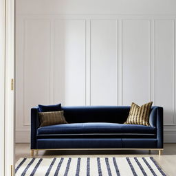 Visualize a room with crisp white walls, adorned with a navy blue velvet sofa, complemented by accents in shades of gold and brass. The room suggests a sense of luxurious minimalism.