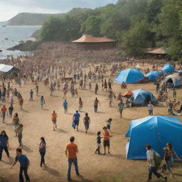 Camp Half-Blood from Percy Jackson series in high resolution, during the day with the camp bustling with activity