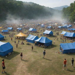 Camp Half-Blood from Percy Jackson series in high resolution, during the day with the camp bustling with activity