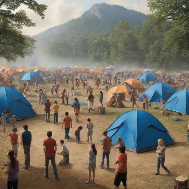 Camp Half-Blood from Percy Jackson series in high resolution, during the day with the camp bustling with activity