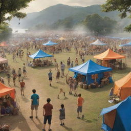 Camp Half-Blood from Percy Jackson series in high resolution, during the day with the camp bustling with activity