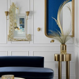 Visualize a room with crisp white walls, adorned with a navy blue velvet sofa, complemented by accents in shades of gold and brass. The room suggests a sense of luxurious minimalism.