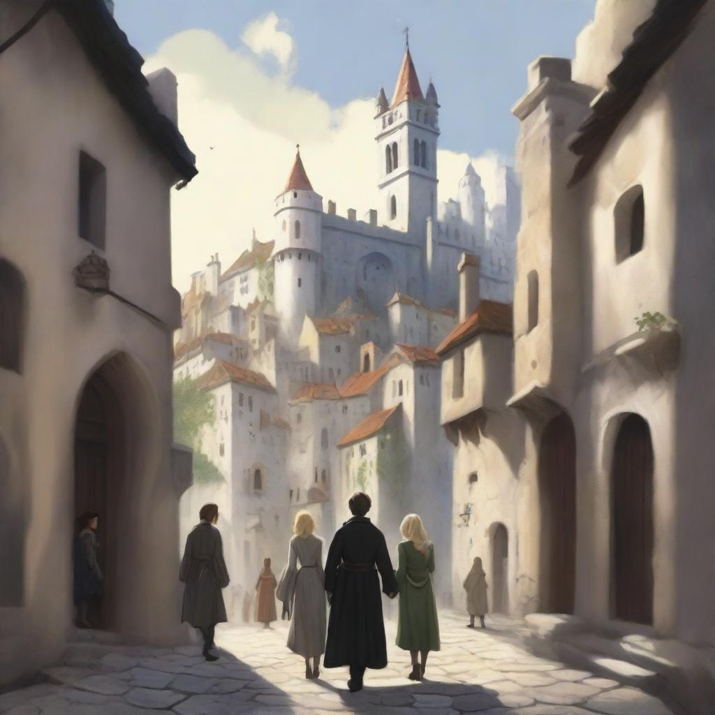 A high-quality digital art image of a young adult fantasy book cover featuring an old town on a hill with white stone buildings, narrow streets, climbing stairs, and shadowy arches