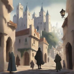 A high-quality digital art image of a young adult fantasy book cover featuring an old town on a hill with white stone buildings, narrow streets, climbing stairs, and shadowy arches