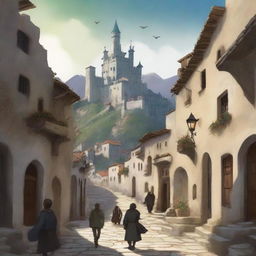 A high-quality digital art image of a young adult fantasy book cover featuring an old town on a hill with white stone buildings, narrow streets, climbing stairs, and shadowy arches